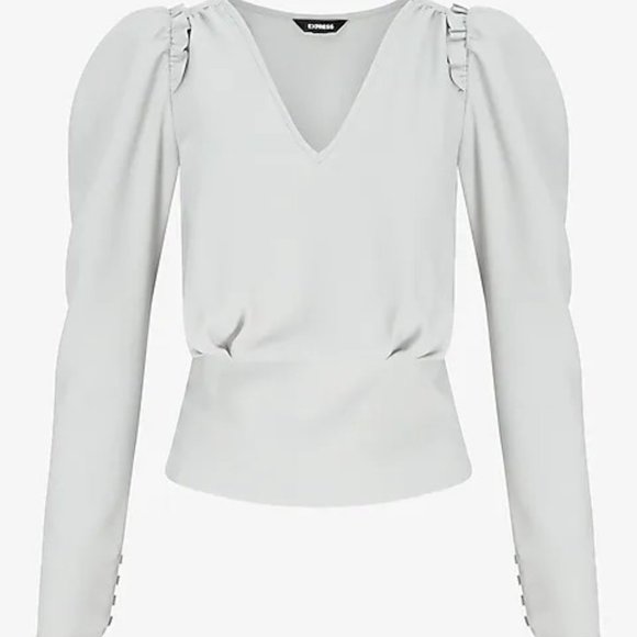 NWT Express Gray Puff Sleeve V-Neck Top Blouse - Picture 4 of 5